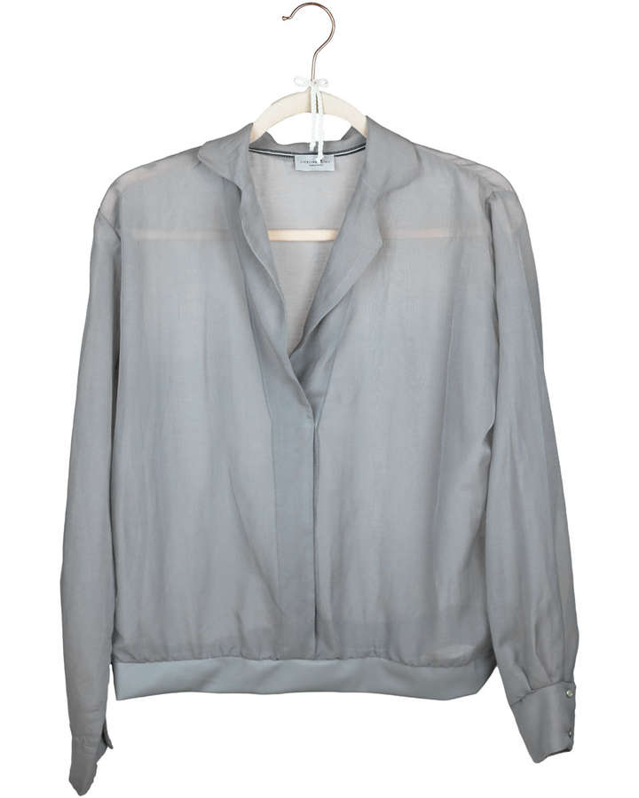 Bluse aus Baumwolle / Voile mit Reverskragen, Lederbund, greige_01