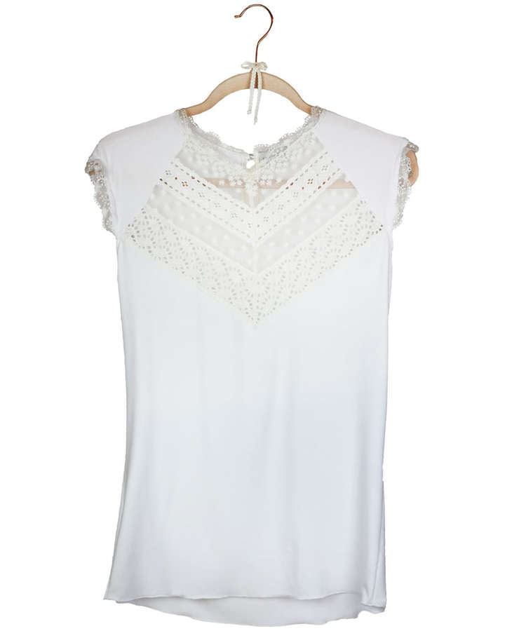 Bluse, Dirndlbluse Vintage-Spitze/Baumwolle mit Rüschen, hochgeschlossen, weiß