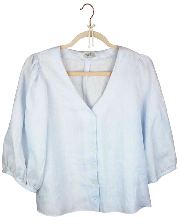 Leinenbluse, V-Ausschnitt, geknöpft, hellblau_01