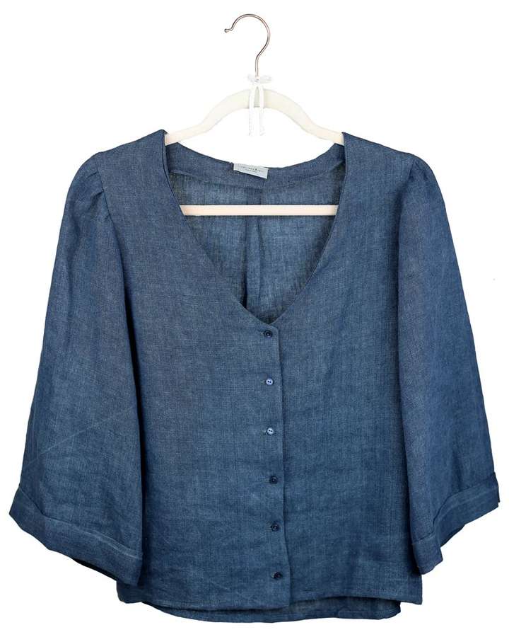 Leinenbluse, V-Ausschnitt, geknöpft, indigoblau_01