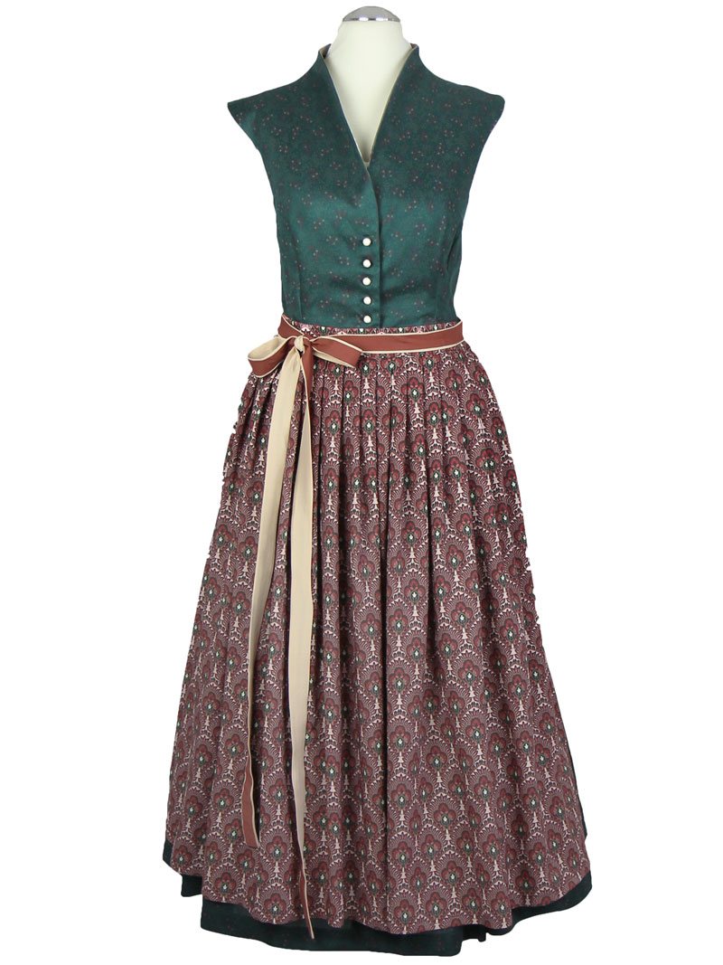Schalkragen Dirndl mit Schürze, grün mit Blumen und maurisches Muster_03