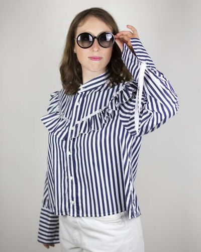 Bluse Volant blauweiss Streifen Baumwolle circular