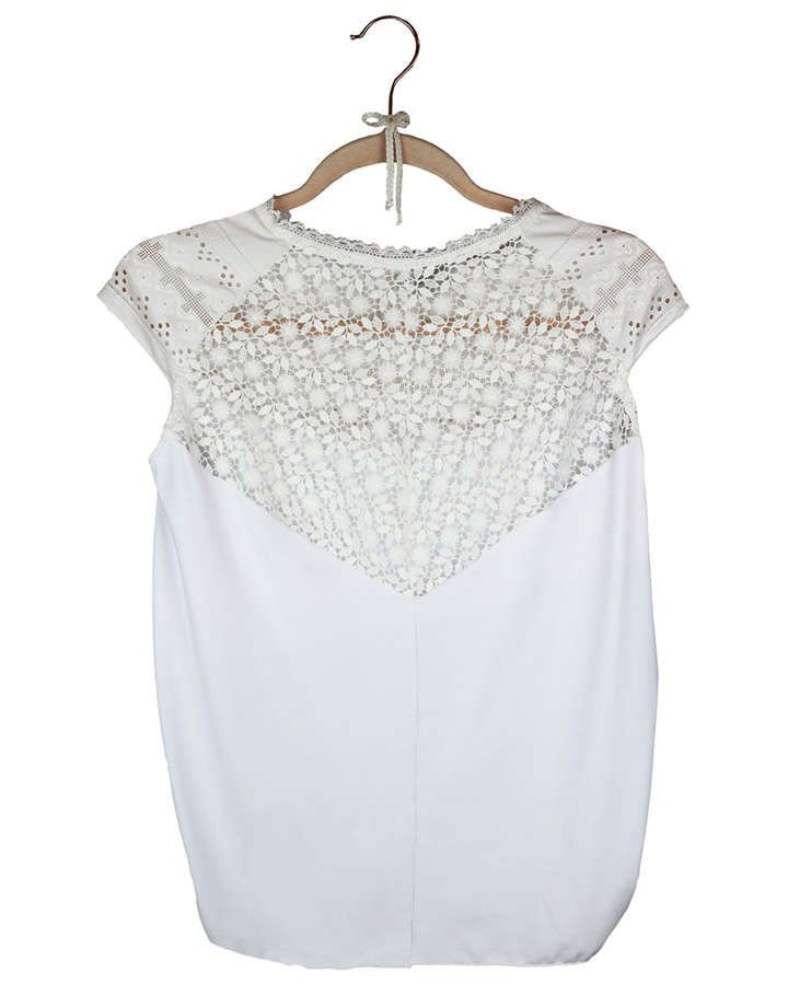 Bluse, Dirndlbluse Spitze / Baumwolle, hochgeschlossen, weiß