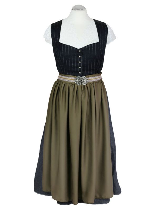 Loden Nadelstreifen-Dirndl mit Schürze, Rock Wolle / Fischgrät in anthrazit