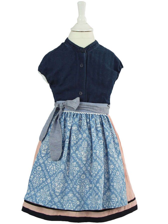 Kinder Baumwoll / Leinen - Dirndl mit Schürze, dunkelblau / lachs