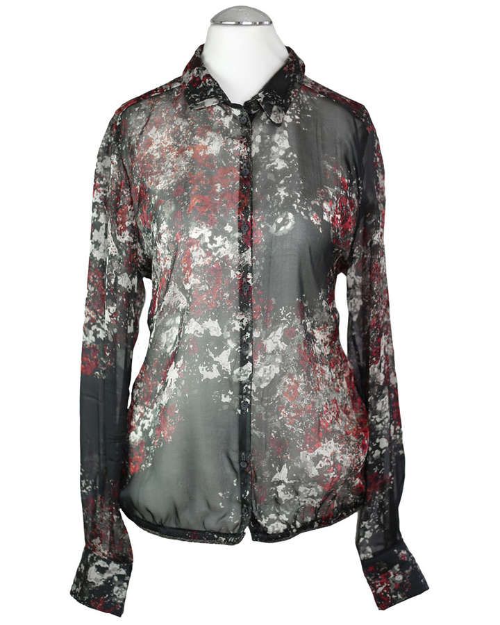 Bluse in transparenter Seide, geknöpft, grau-roter Print